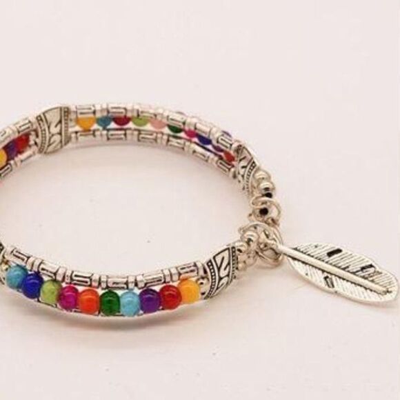 Multi Color Bead Bohemian Feather Silver - Picture 2 of 5